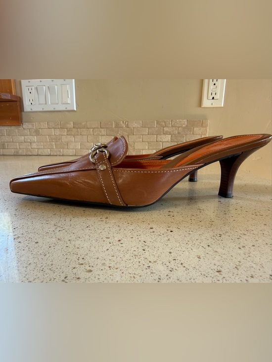Cole Haan Shoes - Cole Haan Brown Leather Kitten Heel Mules with Silver Buckle